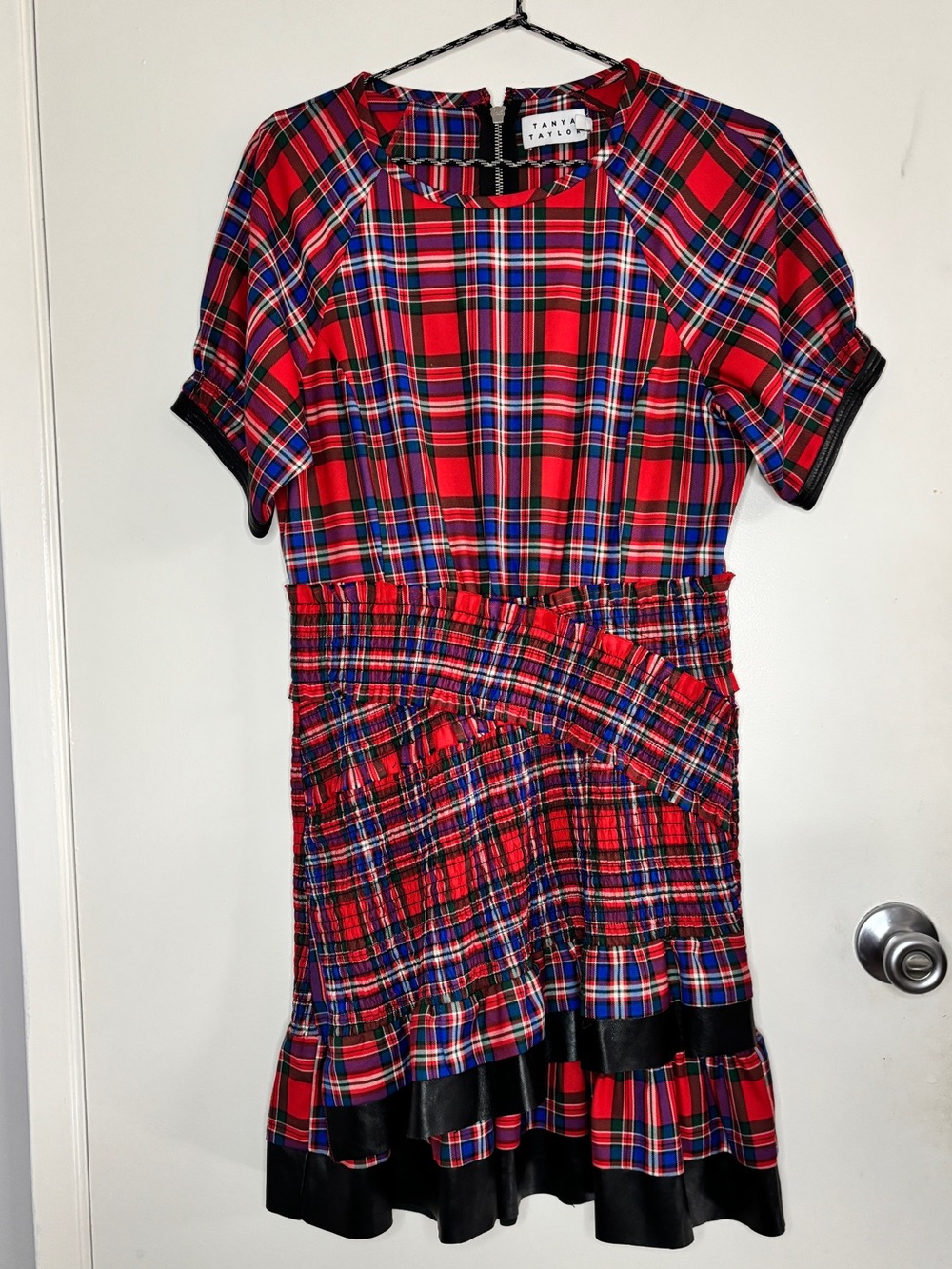 Tanya Taylor Red Plaid Leather Trim Shirred Ruffled Mini Dress